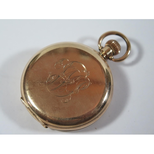 63 - A Waltham Traveller Gold Plated Full Hunter Pocket Watch in Moon case, the 50mm enamelled dial with ... 