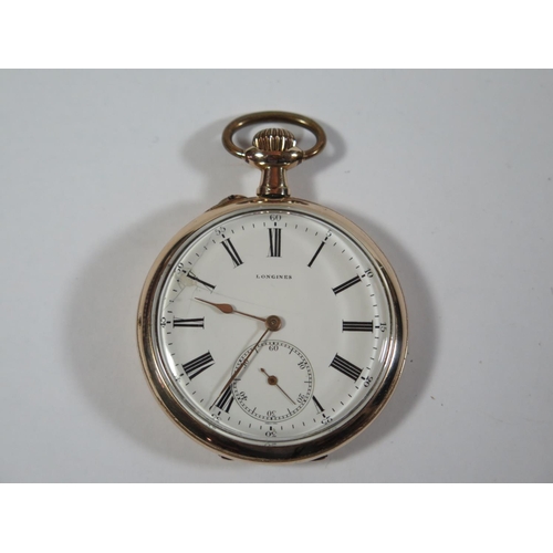 65 - A Longines Gold Plated Keyless Open Dial Pocket Watch, the 48mm enamelled dial with Roman numerals a... 