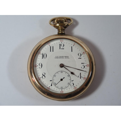 67 - A G.F Watcher Edmonton Alta Gold Plated Keyless Open Dial Pocket Watch, the 55mm enamelled dial with... 