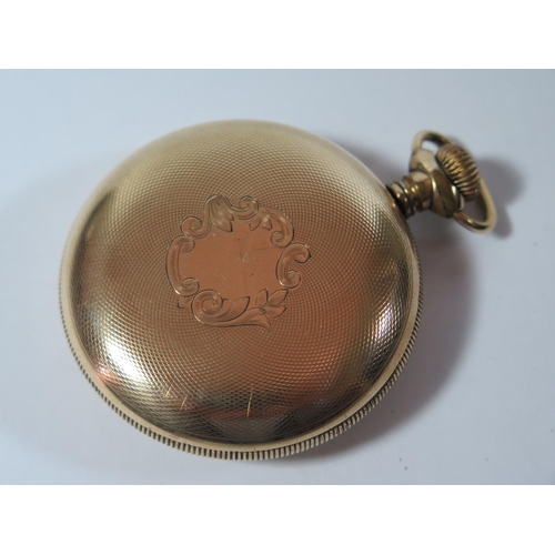 67 - A G.F Watcher Edmonton Alta Gold Plated Keyless Open Dial Pocket Watch, the 55mm enamelled dial with... 