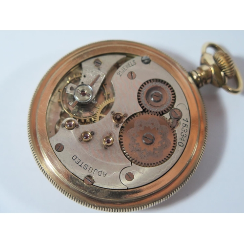 67 - A G.F Watcher Edmonton Alta Gold Plated Keyless Open Dial Pocket Watch, the 55mm enamelled dial with... 