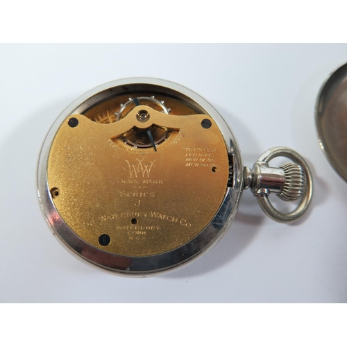 7 - A Waterbury Watch Co. Keyless Open Dial Pocket Watch, the 53 mm dial with Roman numerals and subsidi... 