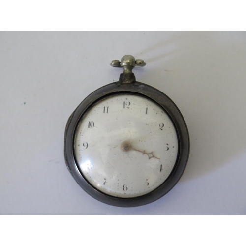 77 - A George III Silver Pair Cased Pocket Watch, the 43mm enamel dial with Arabic numerals and key wound... 