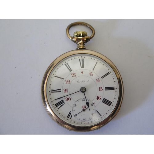 78 - A Cortébert Gold Plated Keyless Pocket Watch, the 40mm dial with Roman outer chapter and red Arabic ... 