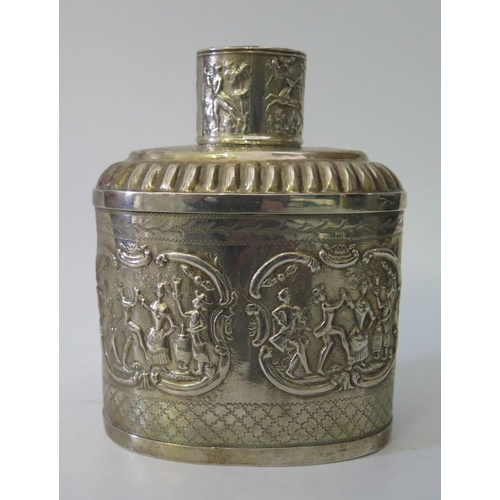 449 - A Nineteenth Century Continental Silver Tea Flask, the body decorated with reserves of revelry and t... 