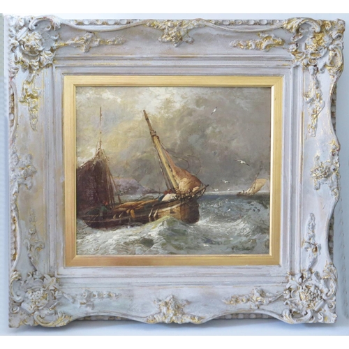 476 - C. Stanfield, Fishing Boats in stormy seas, oil on canvas, 43 x 38cm, framed