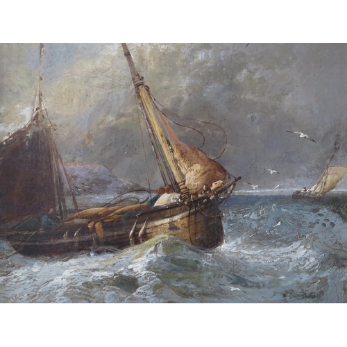 476 - C. Stanfield, Fishing Boats in stormy seas, oil on canvas, 43 x 38cm, framed