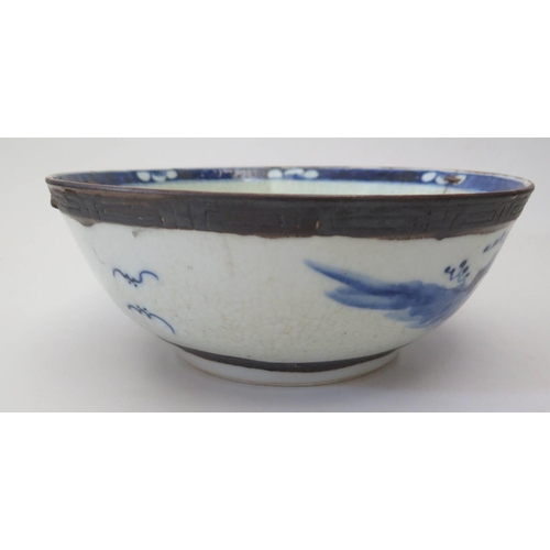 528 - An Eighteenth Century Chinese Blue and White Bowl decorated with figures and landscape within, 26cm ... 