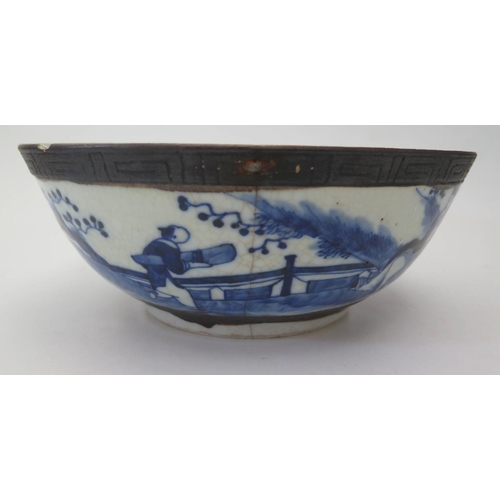 528 - An Eighteenth Century Chinese Blue and White Bowl decorated with figures and landscape within, 26cm ... 