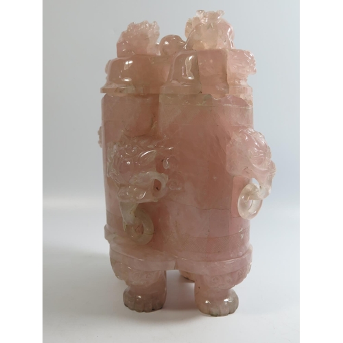 529 - A Nineteenth Century Chinese Carved Rose Quartz Double Vase with cover, decorated with fou dogs and ... 