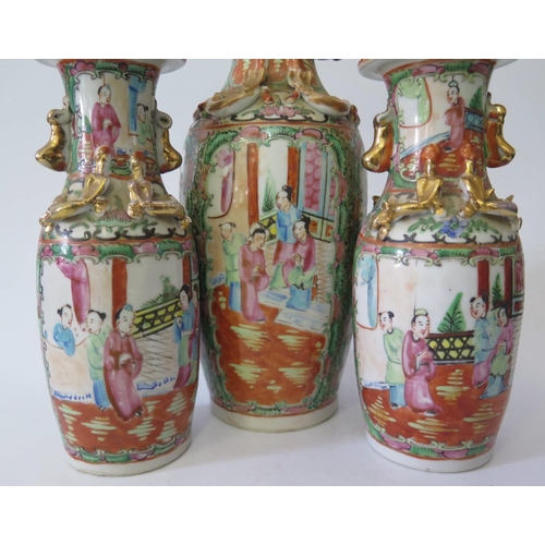 544 - A Nineteenth Century Cantonese Three Vase Garniture, 30/20cm