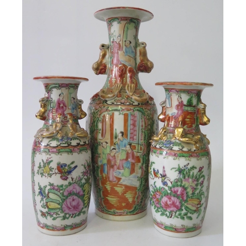 544 - A Nineteenth Century Cantonese Three Vase Garniture, 30/20cm