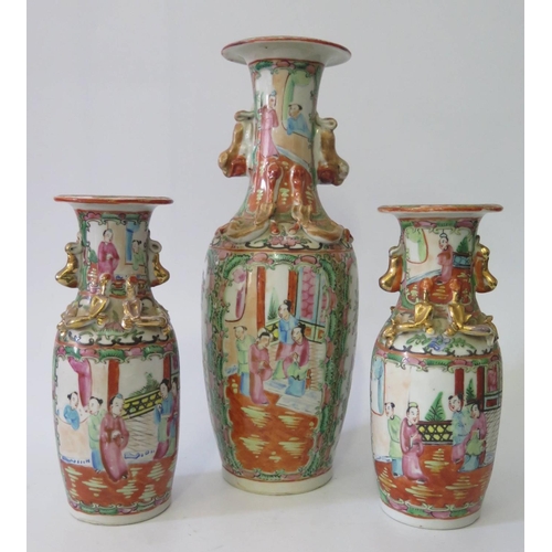 544 - A Nineteenth Century Cantonese Three Vase Garniture, 30/20cm