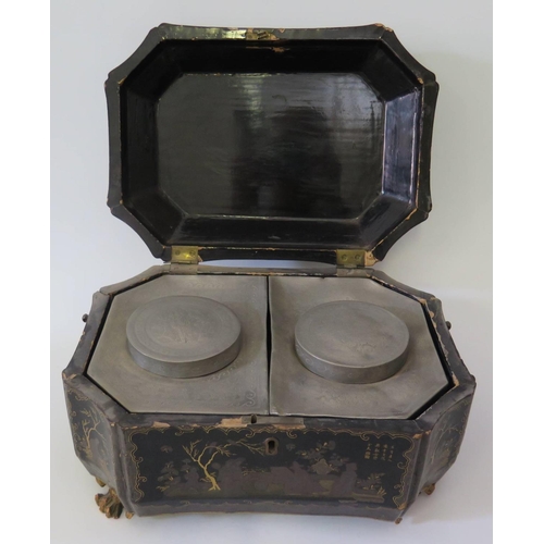 548 - A Nineteenth Century Chinese Export Lacquered Tea Caddy with pewter fittings