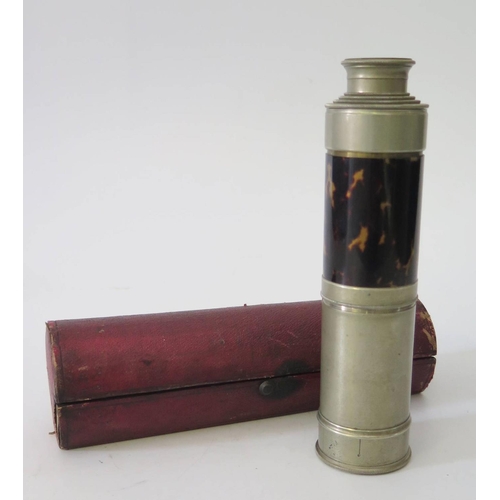 565 - A Nineteenth Century Tortoise Shell Mounted Telescope in a red leather silk lined case, 48cm extende... 