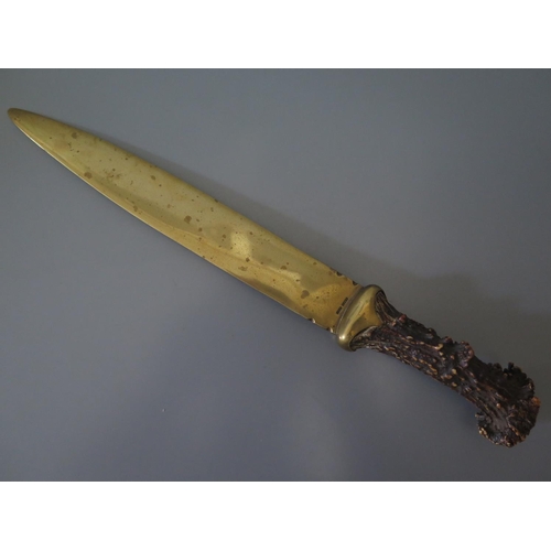 240a - A Brass and Stag Antler Handled Knife of gladius form, the blade stamped A&J.S A.R.L