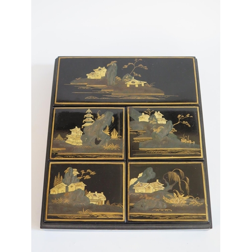 244 - A Nineteenth Century Chinese Export Lacquer Five Compartment Box containing various gaming counters