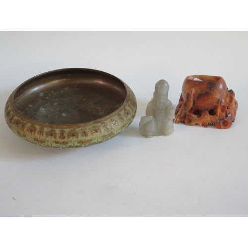 247 - A Carved Jade Model of a sage, soapstone carving and enamelled bronze bowl