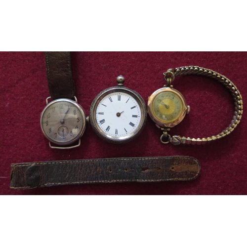 147 - A 9ct Gold Ladies Wristwatch and gent's silver wristwatch (not running) and silver fob watch