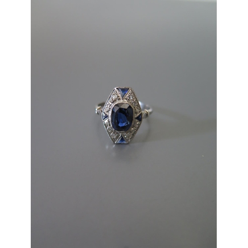 184 - A French Art Deco Style Ceylon Sapphire and Diamond Ring, size L.5, 3.1g, 2.26ct diamond and ETD .15... 