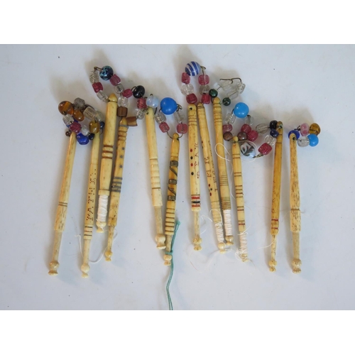 253 - Four Nineteenth Century Named Bone Lace Maker's Bobbins with glass spangles and eight other bone bob... 