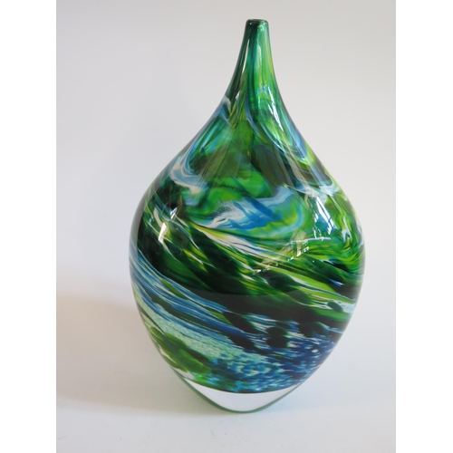 295 - A RICHARD GLASS 'BLUE GREEN MERGE BOTTLE', 28 cm TEIGN VALLEY ARTIST