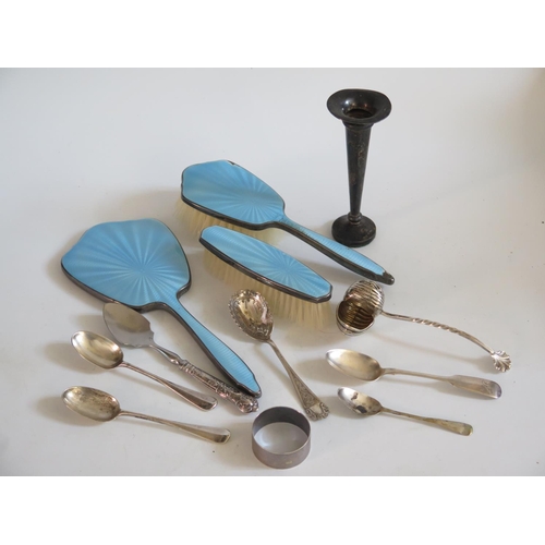 3 - Guilloché Enamel Backed Hand Mirror and brushes, silver and plated flatware