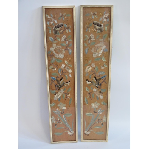 300 - A Pair of Chinese Silk Embroideries decorated with birds and foliage and highlighted with gold threa... 