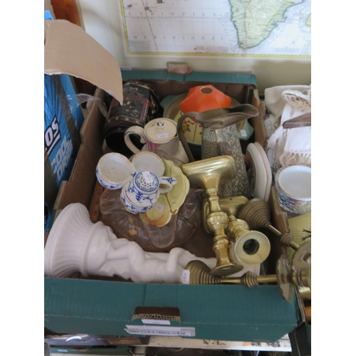 330 - Two Boxes of Oddments including brass candlesticks Crown Devon honeycomb pot, rolling pin, olivewood... 