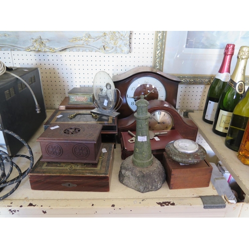 334 - A Selection of Wooden and Tin Boxes, two clocks etc