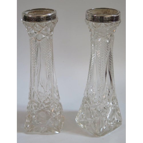 44 - A Pair of Cut Crystal Vases with silver collars, 20cm high