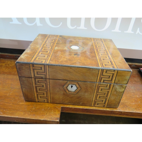 481 - A Victorian Walnut and Parquetry Box with sewing contents