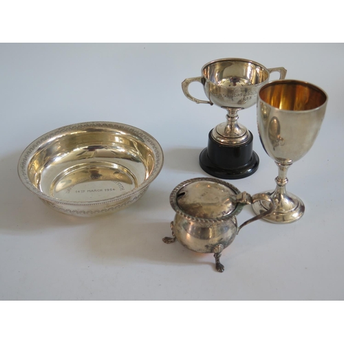 52 - A Presentation Silver Bowl, silver cups and mustard, 247g