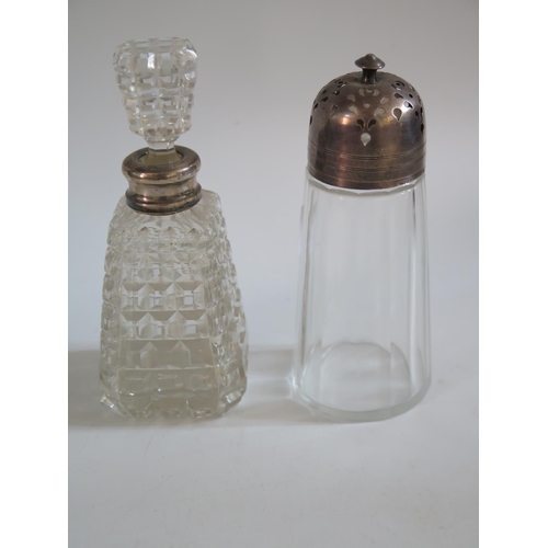 8 - A Birmingham Silver Topped Slice Cut Glass Sugar Castor and silver collar perfume bottle