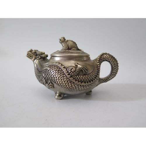 9D - A Chinese Silver Plated Teapot with dragon spout and body extending to the pot, mark to base, 546g