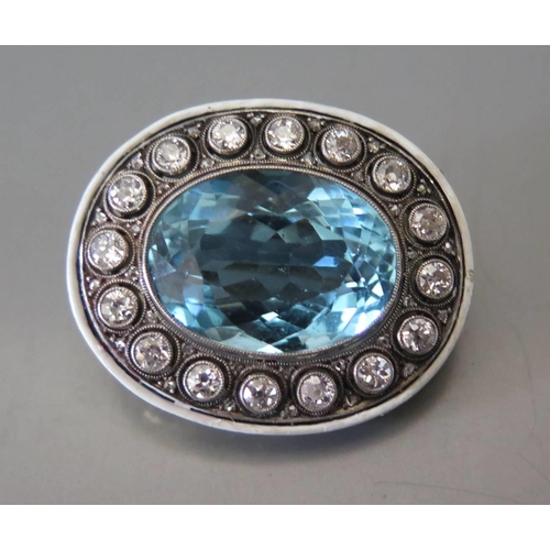 162 - A French Aqua Marine and Diamond Brooch with white enamel border and in a fitted Arnold Ostertag lea... 