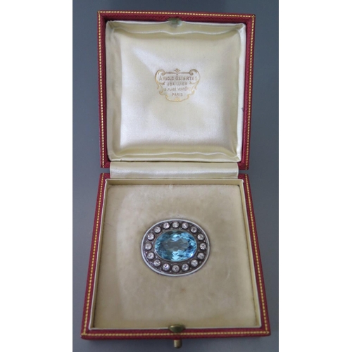 162 - A French Aqua Marine and Diamond Brooch with white enamel border and in a fitted Arnold Ostertag lea... 