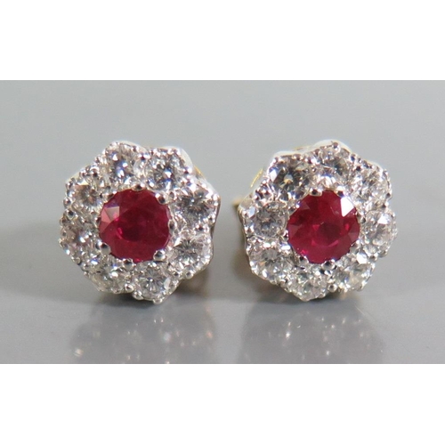 168A - A Pair of Ruby and Diamond Cluster Stud Earrings, c. 9mm diam., 3.1g