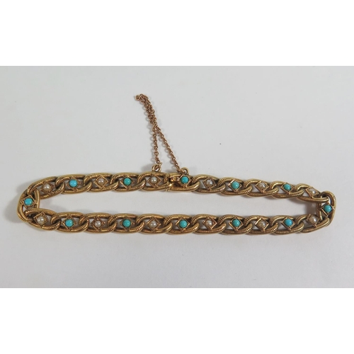 169 - A French 18ct Gold, Turquoise and Seed Pearl Bracelet, 7.7g