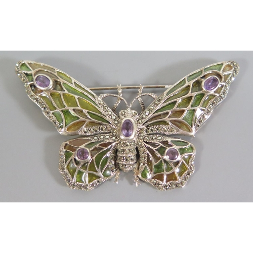 176 - A Plique-à-jour and Haematite Sterling Silver Butterfly Brooch, 80mm wingspan, 22g