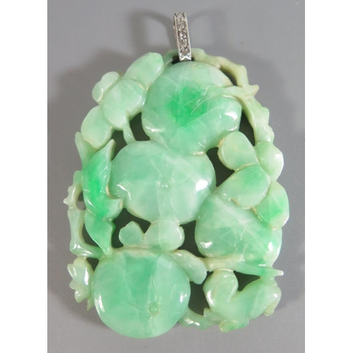 195 - A Chinese Carved Jadeite Pendant decorated with gourds and on a diamond and precious white metal loo... 