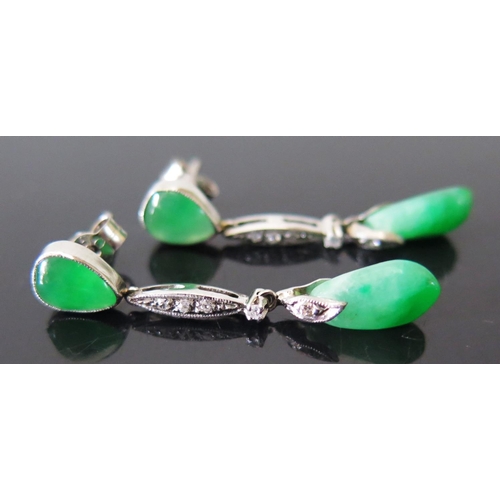 197 - A Pair of 18ct White Gold, Jadeite and Diamond Pendant Earrings, c. 36mm long, 4.1g