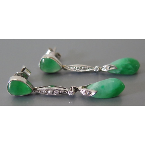 197 - A Pair of 18ct White Gold, Jadeite and Diamond Pendant Earrings, c. 36mm long, 4.1g