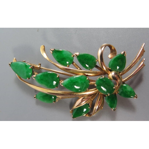 201 - A 14K Yellow Gold and Jadeite Floral Spray Brooch, c. 50mm long, 7.08g. Sold with Gem & Pearl Labora... 