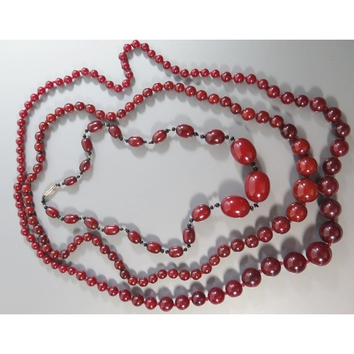 205 - Three Man Made 'Amber' Bead Necklaces, 188g