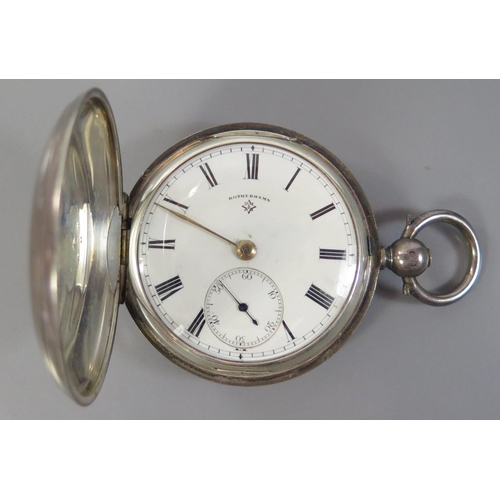 219a - An Edward VII Silver Keywound Full Hunter Pocket Watch, enamel dial signed ROTHERHAMS, movement no. ... 