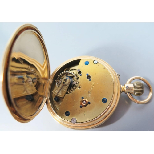 232a - An 18ct Gold Gent's Full Hunter Keyless Pocket Watch,  the 42mm enamel dial with sub seconds hand, m... 
