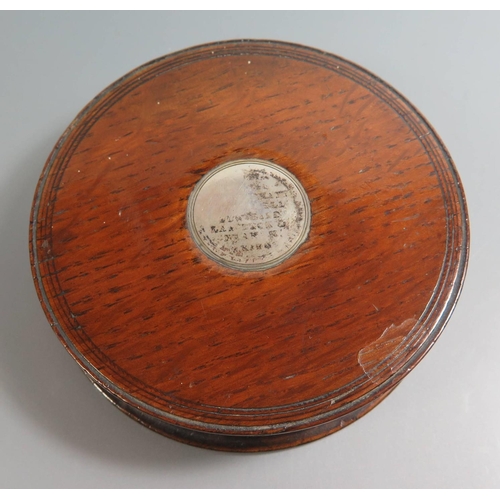 273 - A Circular Oak Box made from HMS Royal George (1756) which sank off Portsmouth 1782. Inset with etch... 