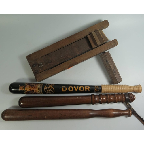 278 - Three Truncheons (one DOVOR with replaced handle) and gas rattle