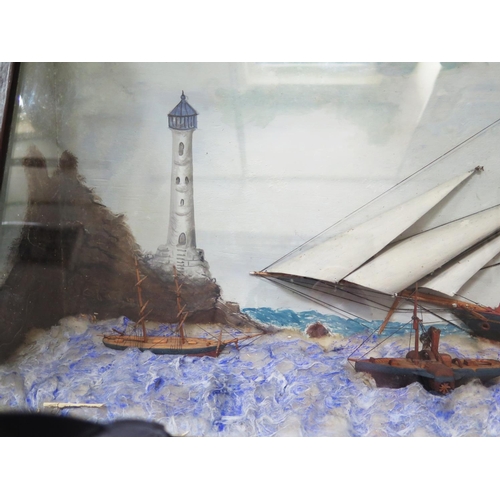 303a - A Nineteenth Century Ship Diorama with clipper, paddle steamer and three other vessels, 99 x 43 cm